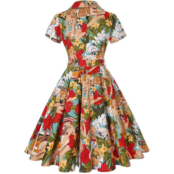 Women's Vintage Hepburn style Tea Swing Cocktail Party Dress with short-sleeved - Picture 2 of 4